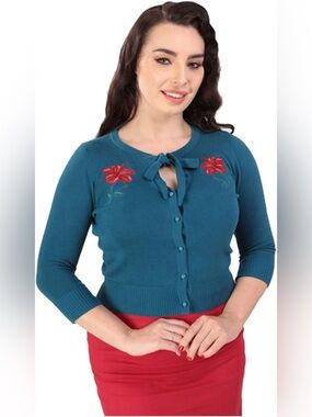 Collectif London Charlene Eden Embroidered Hibiscus Cardigan, Blue, XXS, EUC 🌺